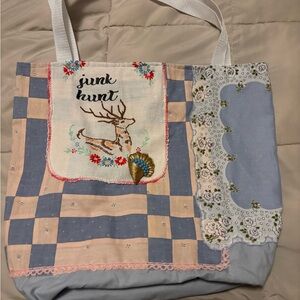Vintage Linen Embroidered Floral Tote Bag - Deer Embroidered Vintage Jun…
